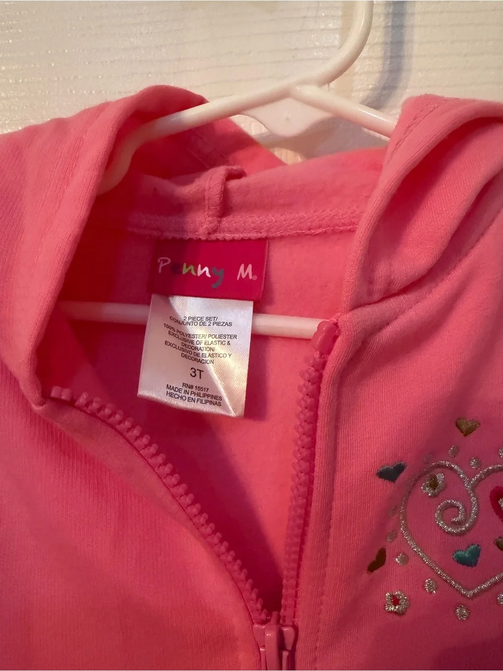Pink Heart Embroidered Zip Hoodie With Pants Set